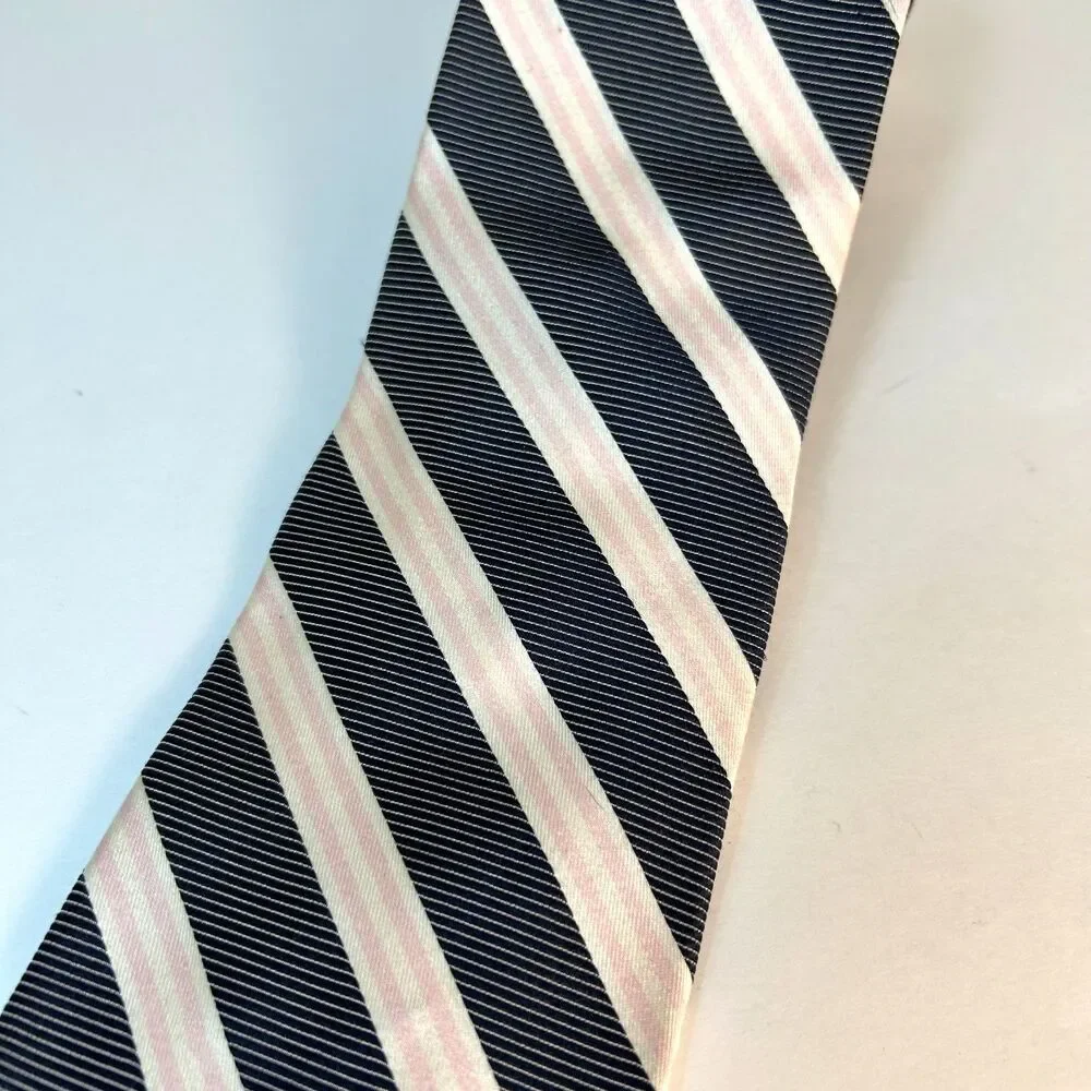 J. Crew Men's Navy Ivory Pink 100% Silk Diagonal Striped Classic Tie